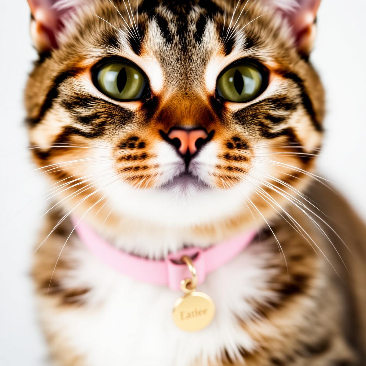 Tabby cat wearing a round brass name tag